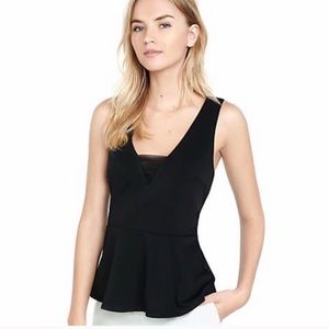 Express Black V-Neck Peplum Top with Mesh Inset